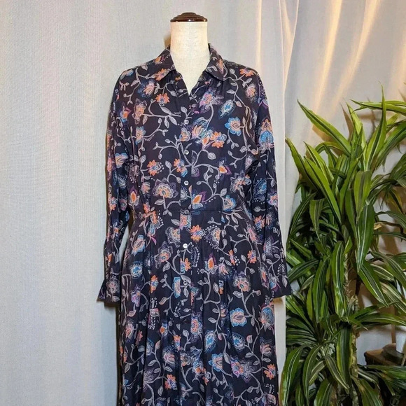 XiRENA Blue Dress Floral Pockets Midi Everr Long Sleeve Collared Small - Picture 6 of 12